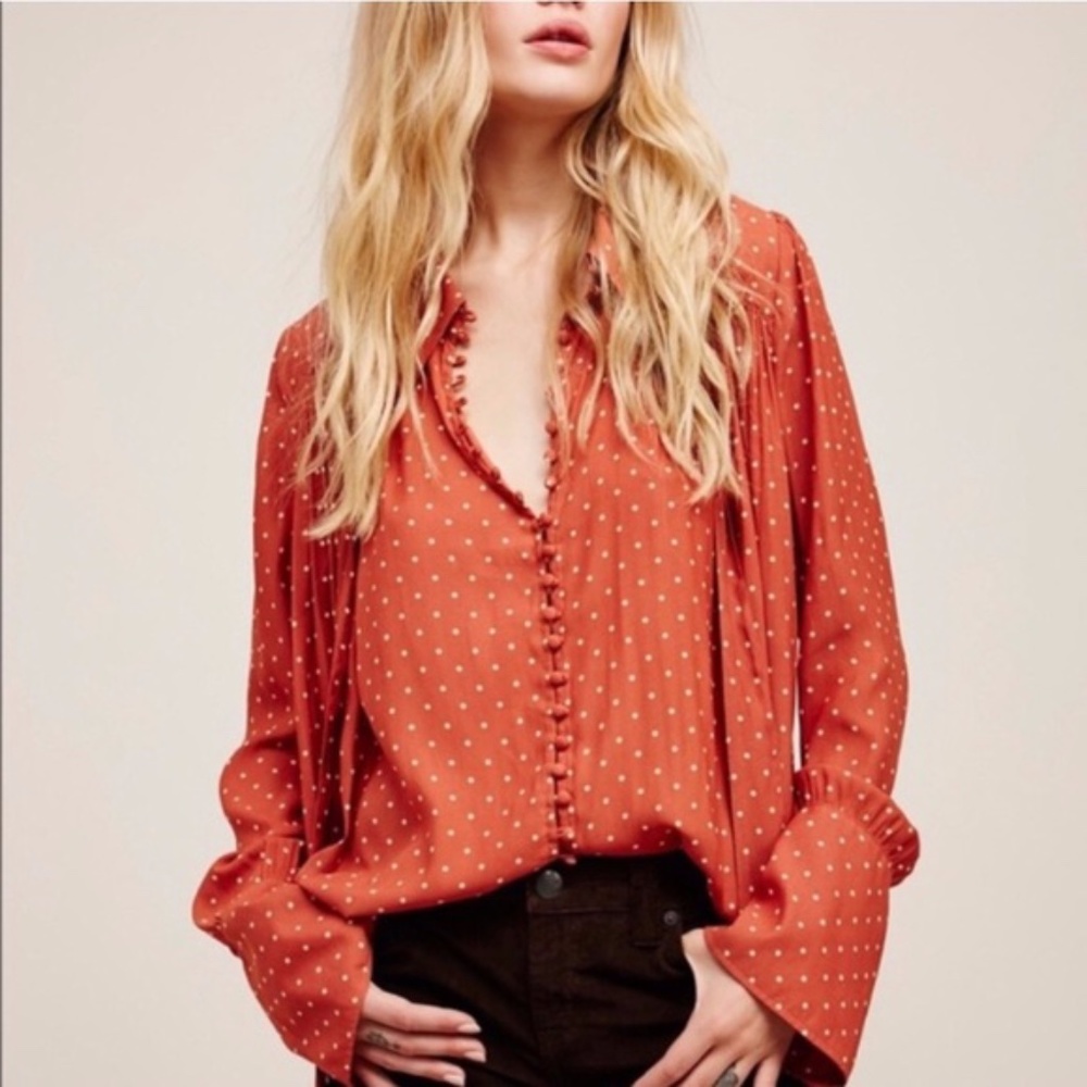 FREE PEOPLE Kennedy Polka Dot Button Front Blouse in Terracotta Size XS